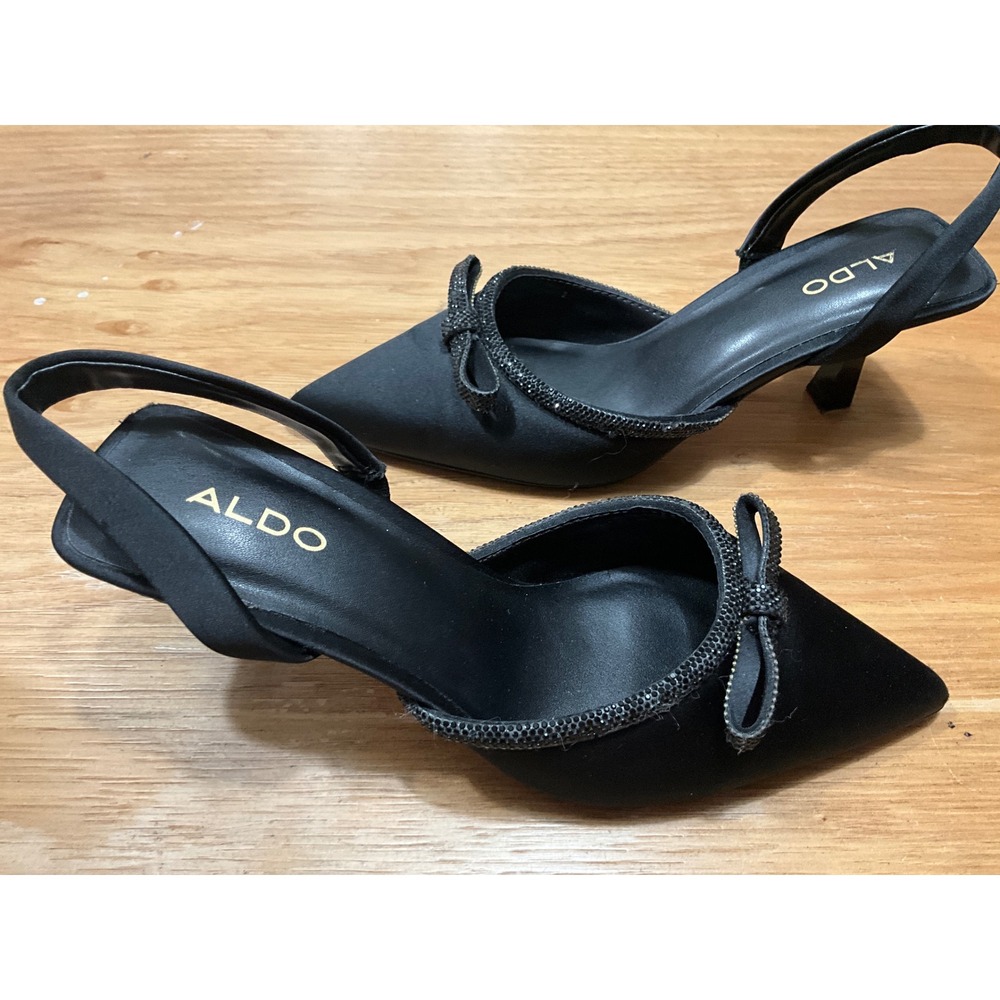 Aldo Jolliebow Black Satin Rhinestone Bow Slingback Kitten Heels Size 5.5 M